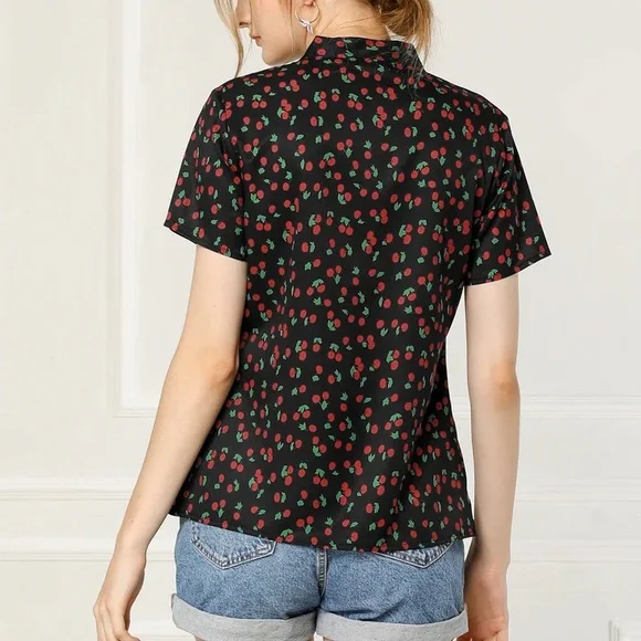 Allegra K Cherry Print Bow Tie Short Sleeve Black Chiffon Blouse | M - Picture 2 of 7